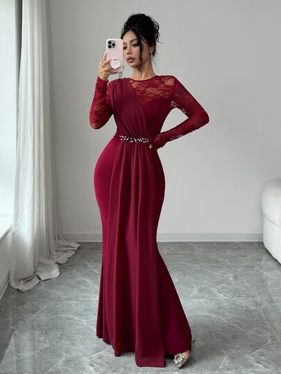 Elenzga Gaun Pesta Pernikahan Natal Elegan Lengan Panjang Berenda Rhinestone Berlipit Model Duyung Warna Burgundy Polos Elegan Romantis Gaun Wanita yang Indah