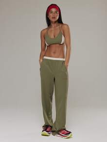 Musera Sport Contrast Colour Elasticated Waist Side Stripe Loose Fit Wide Leg Jogger Outdoors Workout Gym Terra Peak - Army Green - View 2