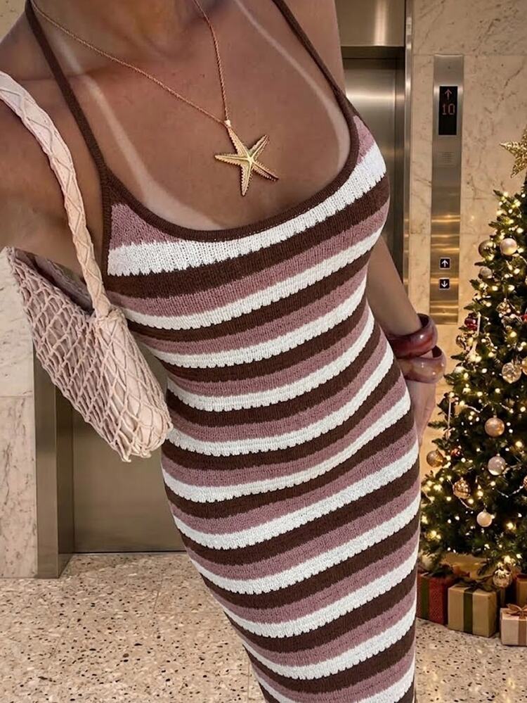 SHEIN Allurite Đầm len nữ hai dây phối màu kẻ sọc xuân/hè, đầm len nữ thanh lịch, đầm mặc đi biển - Nhiều màu - Xem 1