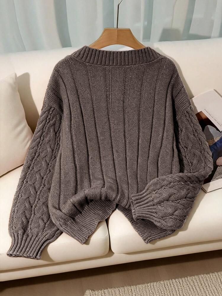 Franclia New Loose Soft Sweet Pink Slouchy Design V-Neck Thick Cable Knit Pullover Sweater For Women, Versatile For Autumn/Winter Fall Cloth For Women - Mocha Brown - View 2
