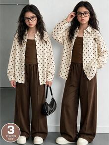 SHEIN Casuvi Kids 秋冬女童3件套襯衫套裝，米色底棕色波點與小馬印花領口長袖襯衫，棕色細肩帶背心，棕色垂墜寬腿褲，女童休閒美拉德風穿搭 - 彩色 - 查看 3
