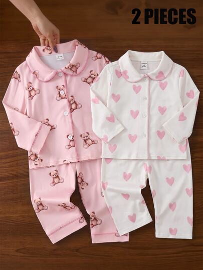 SHEIN Baby Girl Valentine's Day Heart Print Lapel Contrast Trim Button-Front Loose Long Sleeve Top & Straight Soft Thick Brushed Fleece Pants Set, Suitable For Winter