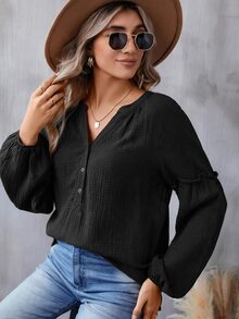 SHEIN LUNE 缺口領燈籠袖休閒襯衫 - 黑色 - 查看 8