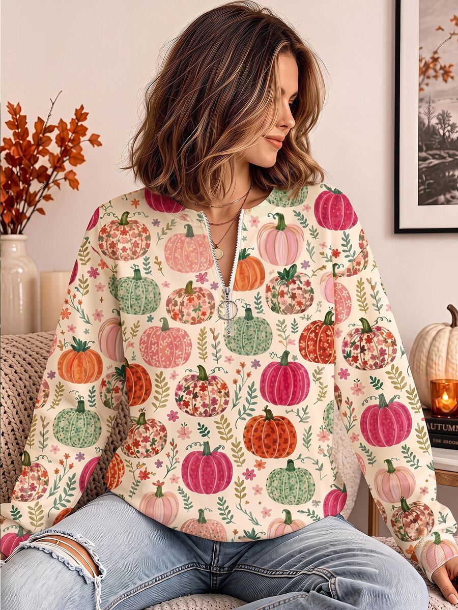 SHEIN LUNE Women's All-Over Print Casual Versatile Daily Wear Long Sleeve Sweatshirt - White - View 1