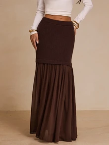 Glamine Women's French Style Ribbed Chiffon Pleated Knit Skirt - Coffee Brown - View 6