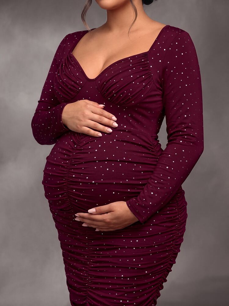 Cheriluna Maternity 大尺碼孕婦優雅派對洋裝，長袖鑽石領口附胸杯設計，修身抓皺酒紅色洋裝 - 酒紅色 - 查看 3