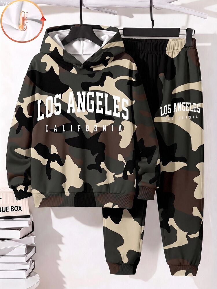 Tween Boy Casual Minimalist Long Sleeve Hooded Comfortable Sweatshirt 2 Pieces Set, Suitable For Autumn/Winter, Classic Cool Camouflage Pattern Print, Classic Travel City Name Text Print, Los Angeles, California Text Print - Multicolor - View 3