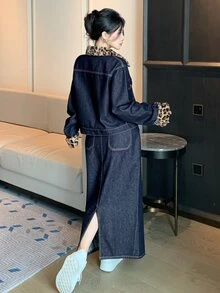 DAZY Women's Leopard Print Contrast Color Long Sleeve Jacket And Skirt Casual Denim Set - Dark Wash - View 4