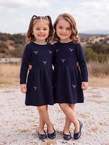 Baby Girl Embroidered Fashion Long Sleeve Sweater Dress For Outings - Navy Blue - View 7