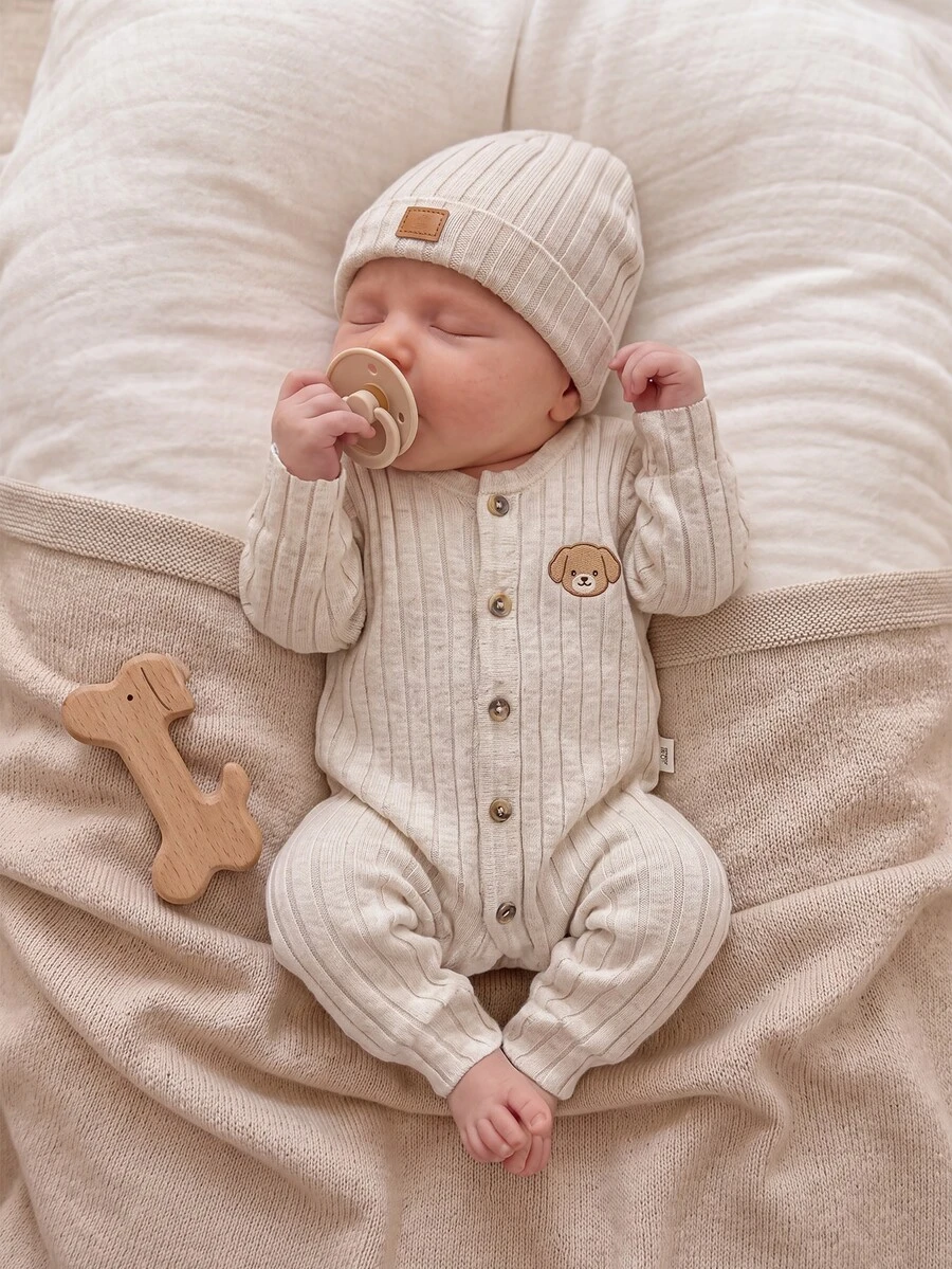 Newborn Baby Striped Cartoon Pattern Casual Daily Pajama One-Piece Long Pants - Apricot - View 1