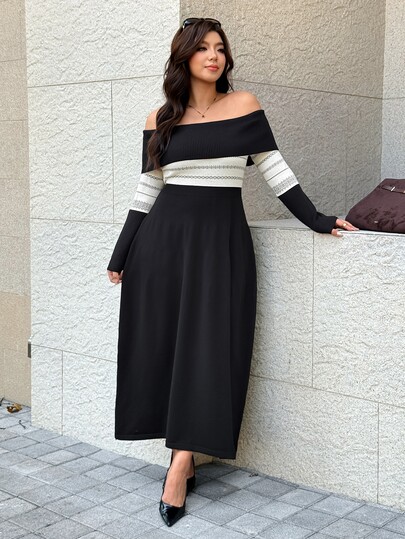 Easura Plus Size Off-Shoulder Jacquard Knit Waist-Cinching Midi Dress