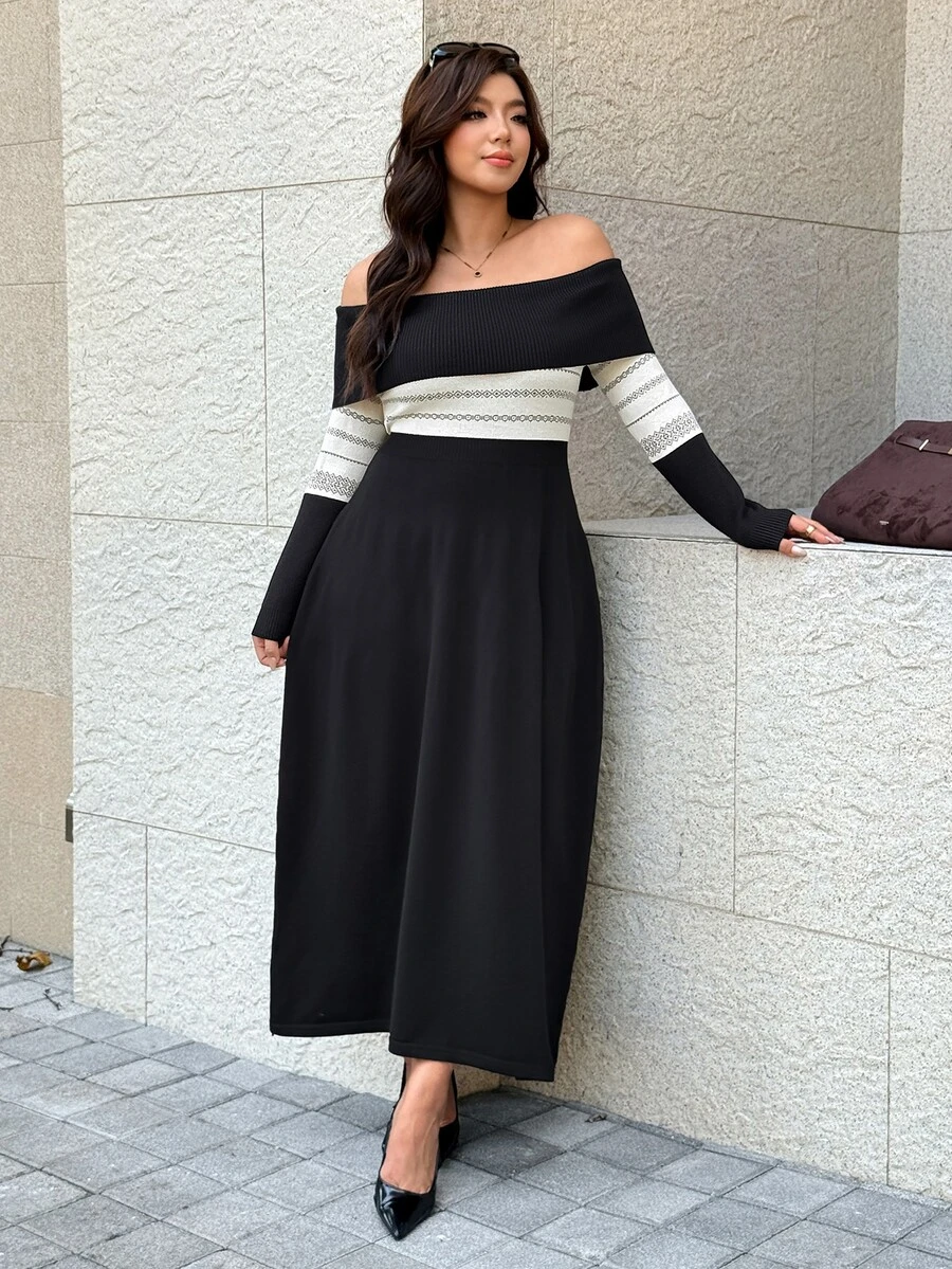 Easura Plus Size Off-Shoulder Jacquard Knit Waist-Cinching Midi Dress - Black - View 1