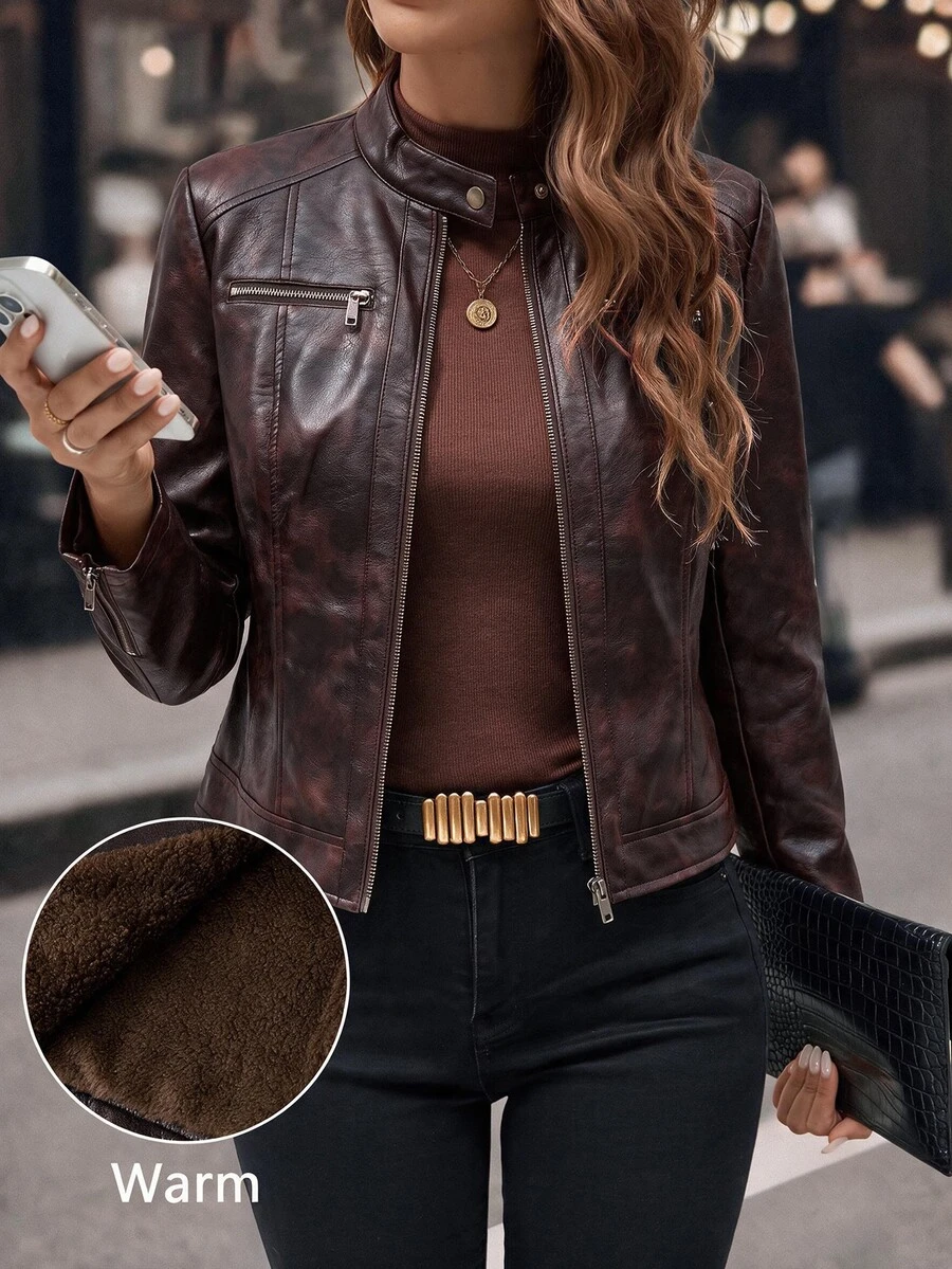 Editum Women's PU Leather Zipper Front Long Sleeve Casual Jacket - Multicolor - View 1
