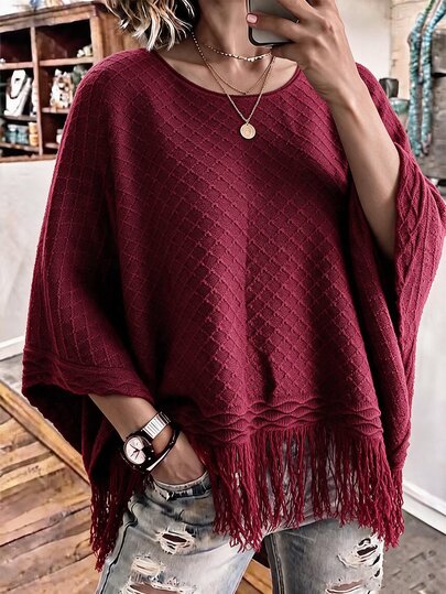 SHEIN Women's Solid Color Tassel Design Casual Daily Wear Knit Cape
