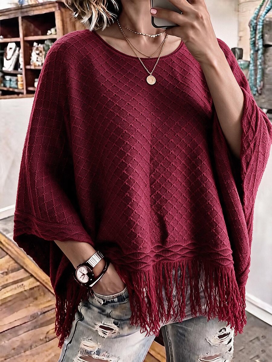 SHEIN Women's Solid Color Tassel Design Casual Daily Wear Knit Cape - Burgundy - View 1