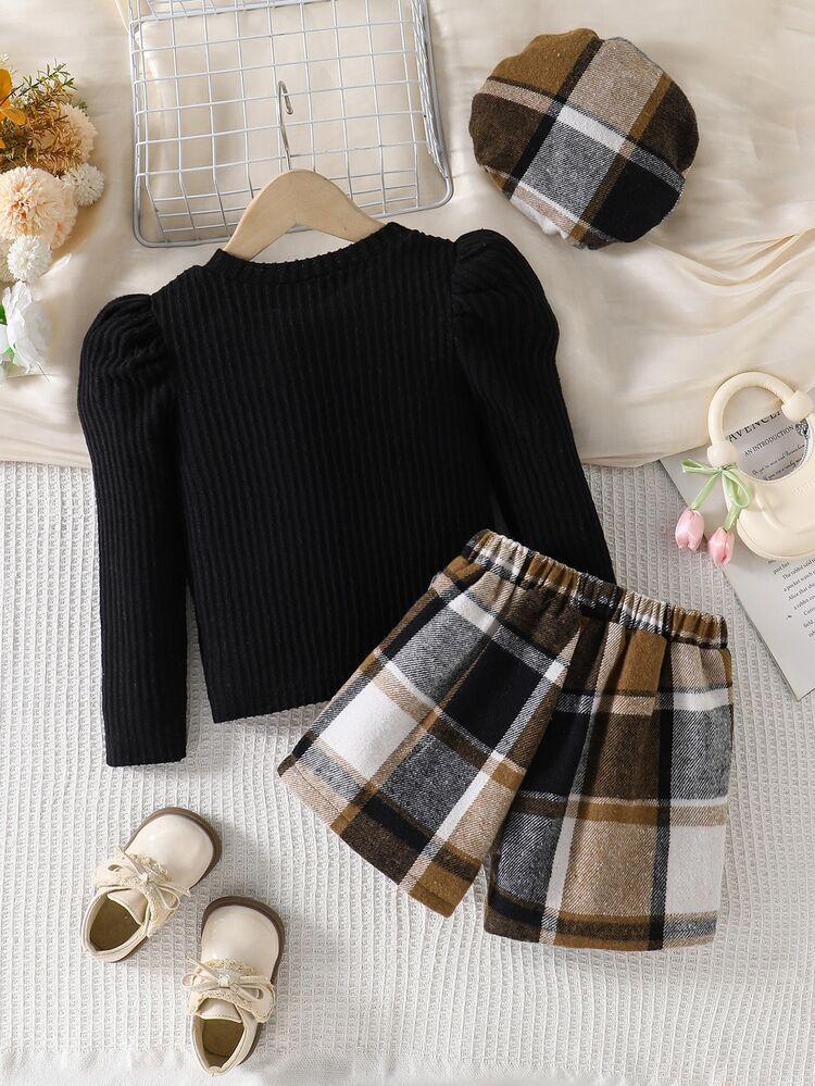 Baby Girls Black Knit Long Sleeve + Plaid Asymmetrical Skort Set (Includes Hat) Suitable For Late Autumn, Early Winter, Early Spring - Black - View 2