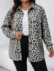 SHEIN LUNE 大尺碼女款豹紋長袖單排扣休閒工裝口袋夾克外套 秋季 - 彩色 - 查看 4