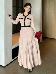 DAZY Women's Color Block Round Neck Long Sleeve Button Design Elegant Knit Dress - Apricot - View 6