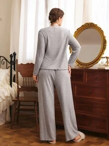 Côtesoire Plus Size Women's Comfortable Ribbed Lace Long Sleeve V-Neck Knit Pajama Set - Light Grey - View 2