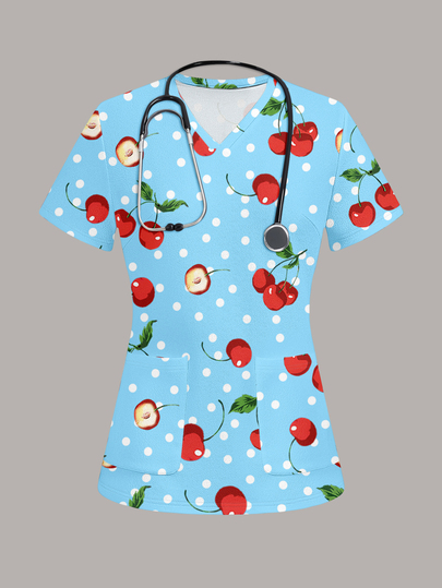 PopScrub Women's Cherry Pattern Print Short Sleeve Scrub Uniform Top