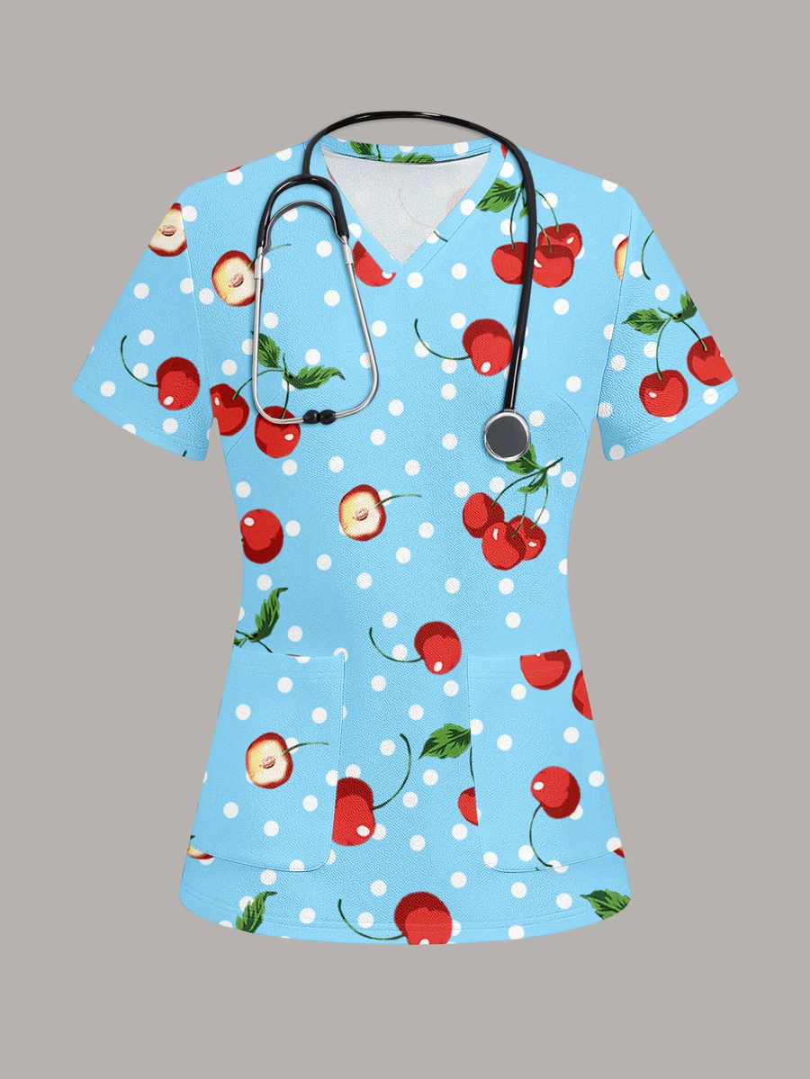 PopScrub Women's Cherry Pattern Print Short Sleeve Scrub Uniform Top - Multicolor - View 1
