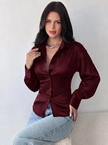 Firerie 女款深棕色長袖襯衫，綁帶收腰設計，休閒性感，適合辦公室、早午餐、夜晚外出，秋季優雅波西米亞風，春夏工作穿搭 - 酒紅色 - 查看 6