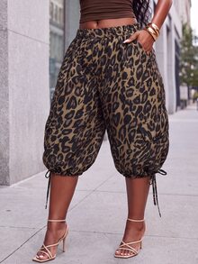 Slaydiva Plus Size Women Leopard Print Pocket Tie Design Casual Capris - Brown - View 7
