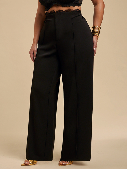 SHEIN BAE CURVE Calça Elegante de Perna Larga com Contraste de Renda na Cintura Preta para Mulheres Plus Size