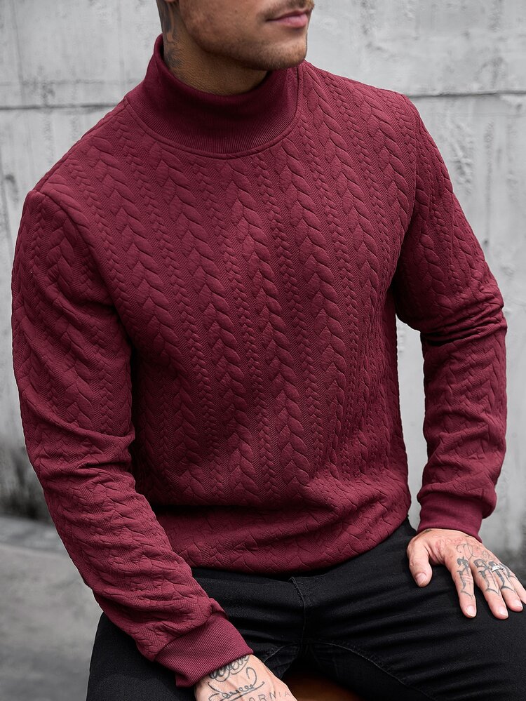 Manfinity CasualCool 男士紋理立領長袖休閒套頭運動衫 - 酒紅色 - 查看 6