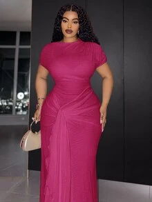 Slaydiva فستان أنيق بأسلوب عملي كاجوال جديد للربيع/الصيف للحفلات والعشاء والمواعيد الرسمية والزفاف، بقصة ضيقة، بلون أبيض موحد، شبه شفاف، بياقة قارب، مقاسات كبيرة - روز أحمر - مشاهدة 6