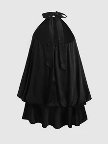 SHEIN 青少年女孩純色百褶休閒日常掛脖洋裝 - 黑色 - 查看 3