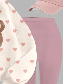 奶油白溫柔甜美女孩蝴蝶結與小熊插圖圖案，女童休閒柔軟舒適寬鬆圓領套頭衛衣與刷毛內搭褲2件套，適合秋冬日常穿著、外出、聖誕節、新季節，甜美少女風，舒適氛圍 - 彩色 - 查看 6