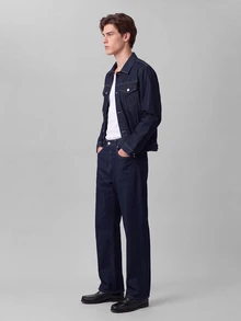Colvenic 男士休閒日常牛仔寬腿褲，附口袋與鈕扣設計 - 藍色 - 查看 4