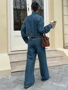 DAZY Women's Zipper Front Drop Shoulder Long Sleeve Jacket And Pants Casual Denim Set - Medium Wash - View 6