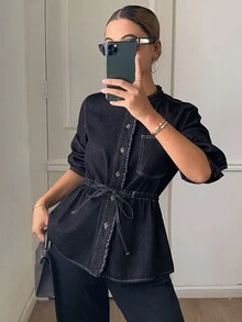 DAZY Women's Button Drawstring Pocket Button Denim Jacket - Dark Wash - View 1