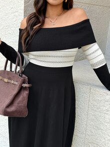 Easura Plus Size Off-Shoulder Jacquard Knit Waist-Cinching Midi Dress - Black - View 3