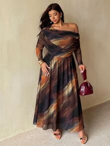 Auralis Plus-Size Off-Shoulder Dress With A Fitted Waist And Flared Skirt / Brown Tie-Dye Dress / High-Stretch, Comfortable Mesh Dress - Brown - View 4