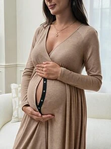 Slowluna Gaun Menyusui Hamil dengan Desain Lipit, Gaya Minimalis untuk Wanita Hamil dan Pasca Melahirkan - Coklat - View 7
