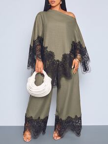 SOLERSUN Plus Size Women's Asymmetric Hem Contrast Lace Asymmetrical Shoulder Blouse And Wide Leg Pants Elegant 2 Pieces Set Fall Cocktail Brunch Olive Green - Army Green - View 5