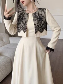 Modelyn Elegant Lace Patchwork Short Jacket & Sleeveless Dress Set - Black and Apricot - View 6