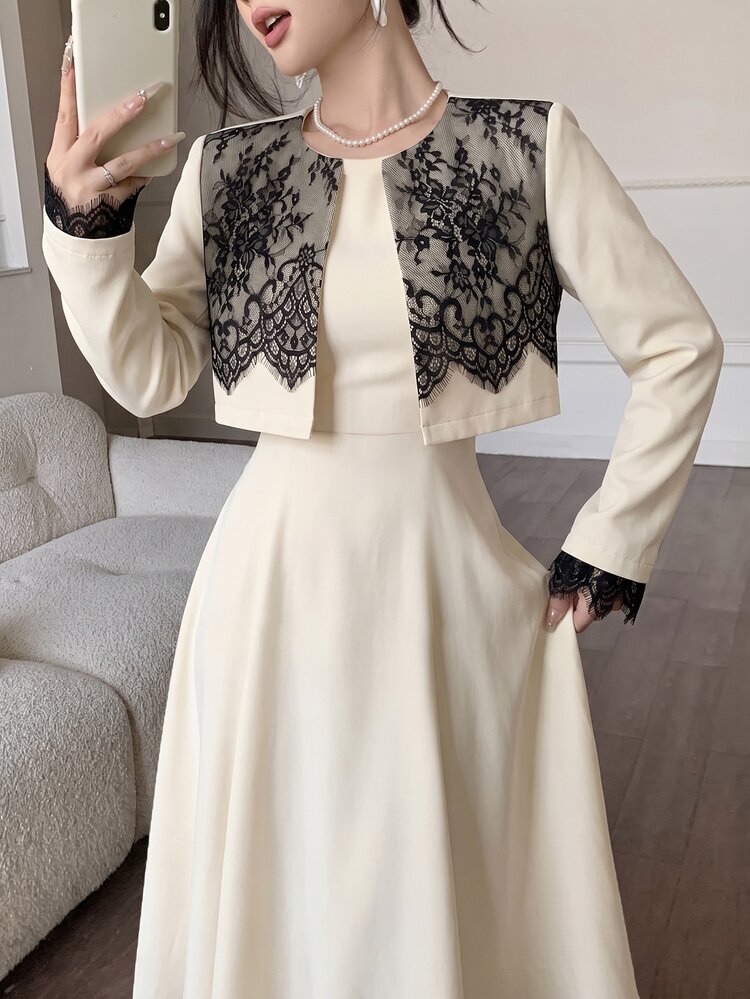 Modelyn 優雅蕾絲拼接短夾克與無袖洋裝套裝 - 黑色和杏色 - 查看 6