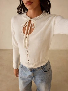 SHEIN Glamour كنزة نسائية بلون موحد كاجوال متعددة الاستخدامات يومية بأكمام طويلة - أبيض - مشاهدة 5