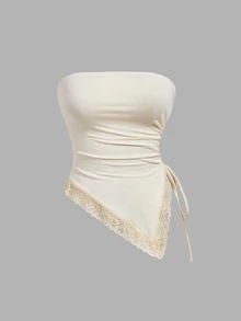 SHEIN MOD 2pcs Women's Solid Color Ruched Side Drawstring Lace Hem Tube Top - Brown - View 6