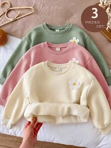 SHEIN 女童 3件組 針織純色圓領寬鬆休閒秋冬衛衣套裝 - 彩色 - 查看 9