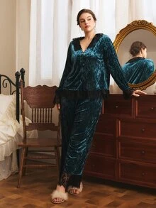 Côtesoire South French Elegant Mature Diamond Velvet & Lace Patchwork Open Front Plus Size Pajama Set - Dark Green - View 3