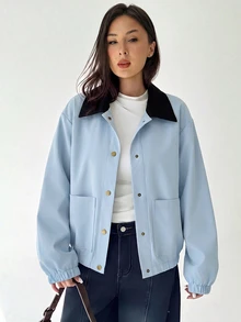 Aloruh Women's Solid Color Long Sleeve Single-Breasted Casual Jacket - Baby Blue - View 8