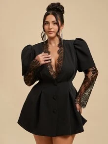 SHEIN BAE CURVE بليزر أنيق للنساء بمقاسات كبيرة مع أزرار ودانتيل - الأسود - مشاهدة 3