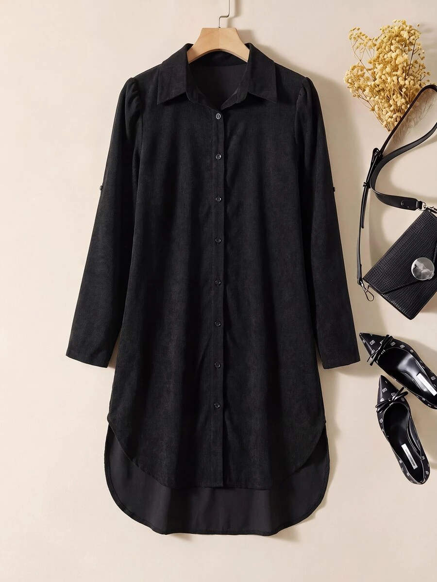 Rusticease Women's Solid Color Long Sleeve Single-Breasted Casual High-Low Hem Shirt Dress - Multicolor - View 1