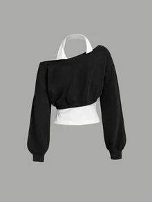 SHEIN MOD 女款休閒拼接色塊不對稱厚款衛衣，適合秋冬穿著 - 黑色 - 查看 2