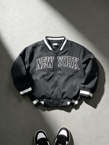 SHEIN 黑色拉鍊棒球夾克，羅紋對比條紋領，NEW YORK 字母印花，梭織薄款面料，春秋款，幼兒 - 黑色 - 查看 3